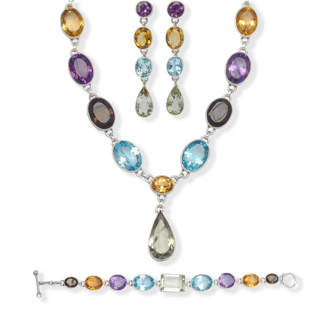 Exquisite Gemstone Necklace Set - A Fusion of African Citrine, Brazilian Amethyst, Green Amethyst, Blue Topaz, and Smoky Quartz