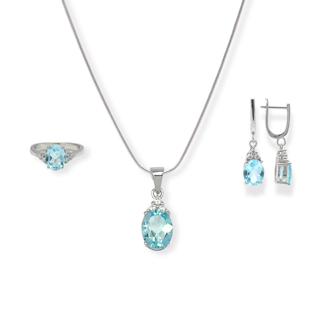 Elegant Pakistani Blue Topaz and Zircon Jewelry Set – Exquisite Oval Gems, Timeless Design