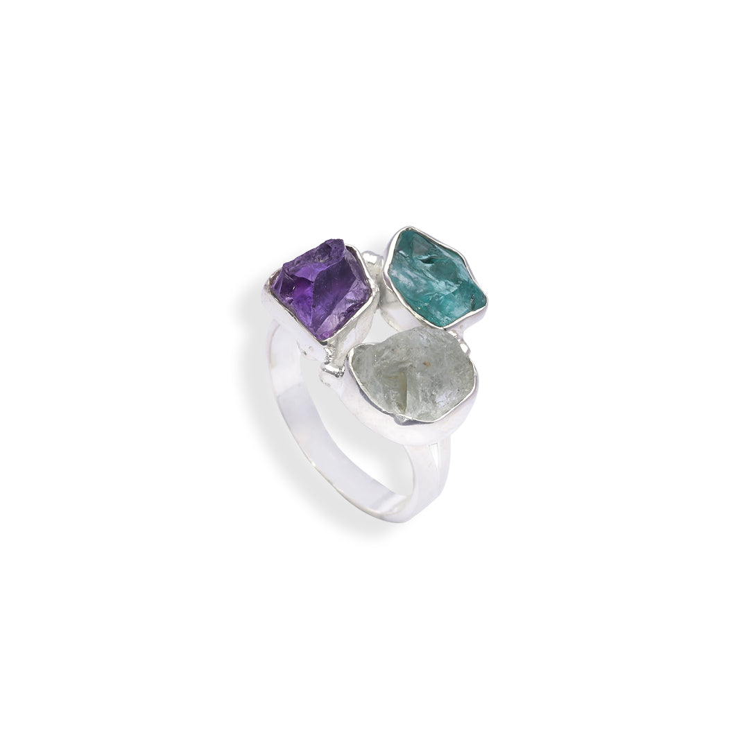 Exquisite Gemstone Ring Set - Aquamarine, Amethyst, and Apatite Elegance