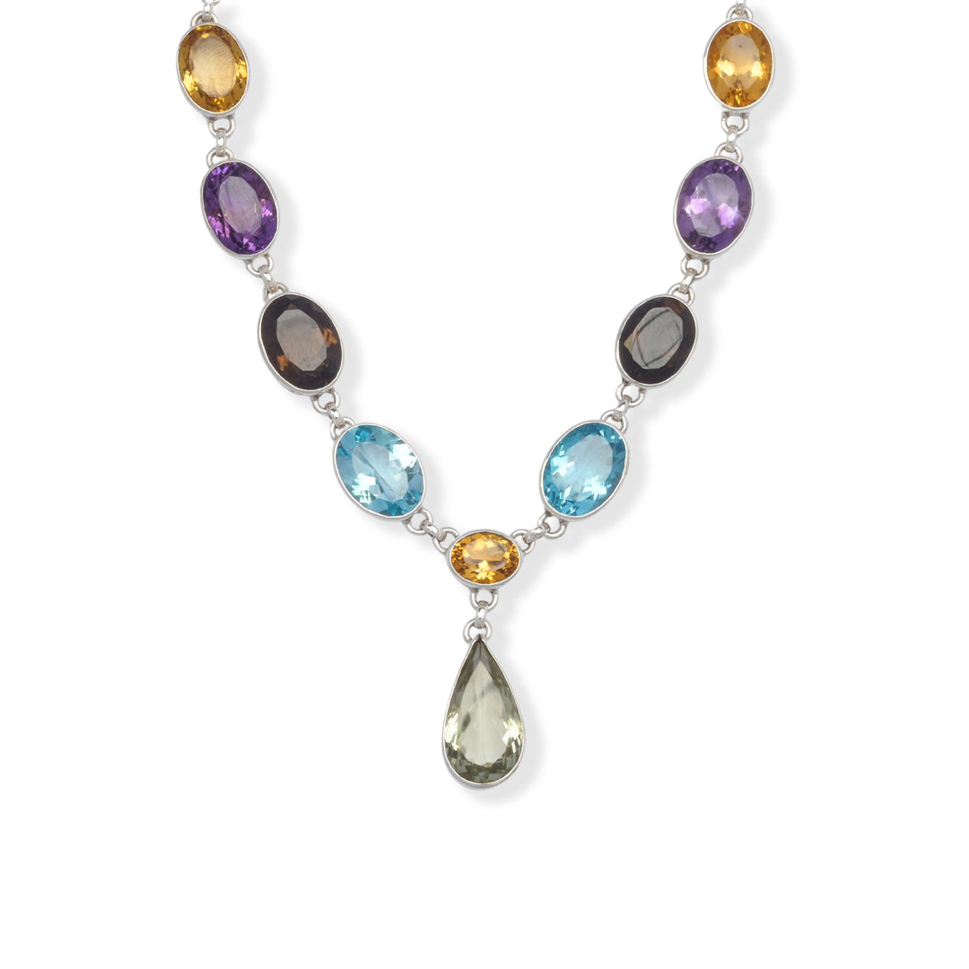 Exquisite Gemstone Necklace Set - A Fusion of African Citrine, Brazilian Amethyst, Green Amethyst, Blue Topaz, and Smoky Quartz