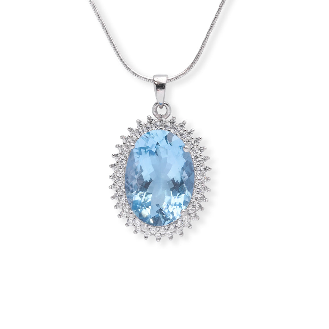 Pakistani Oval Blue Topaz and Zircon Pendant - Timeless Elegance, Ethereal Beauty