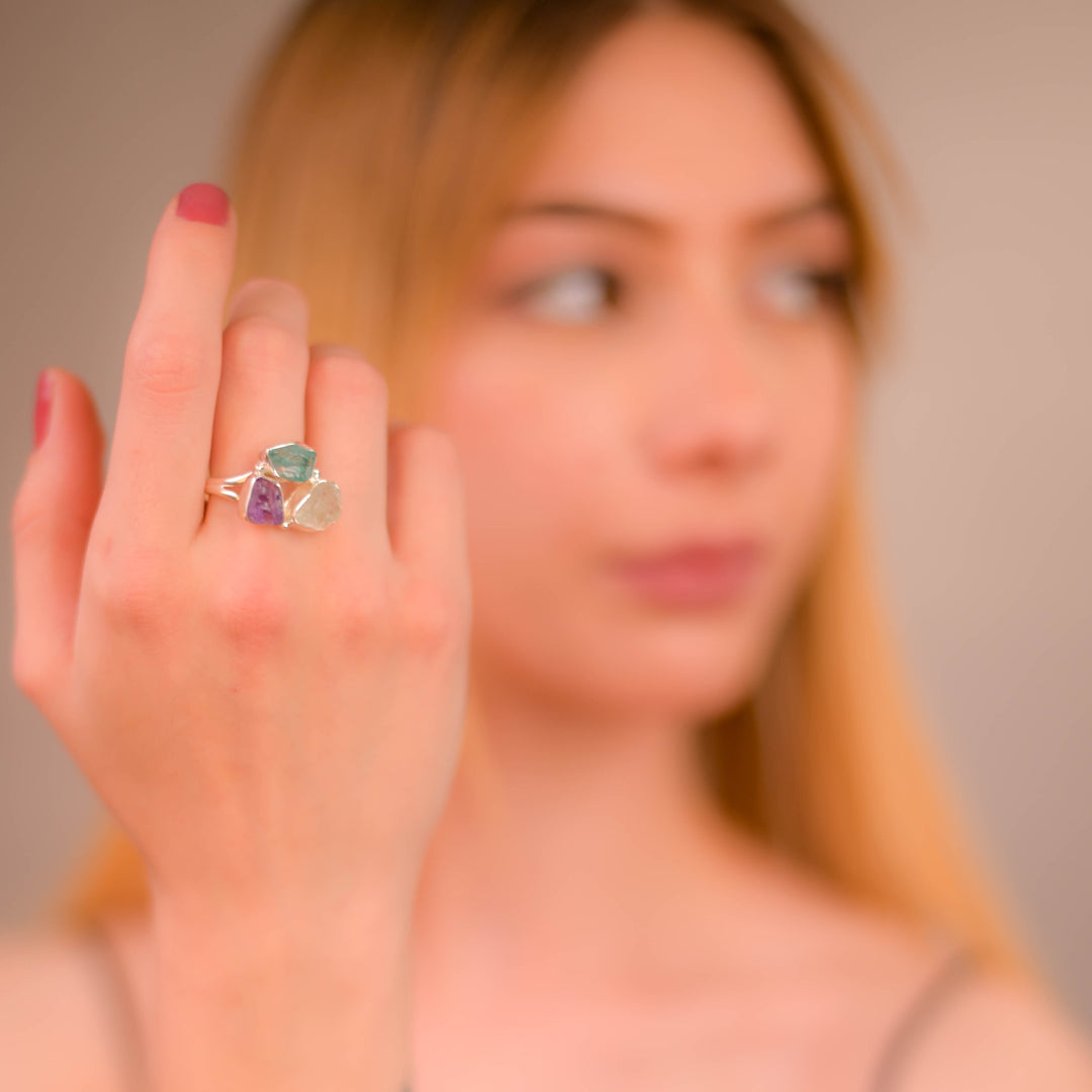 Exquisite Gemstone Ring Set - Aquamarine, Amethyst, and Apatite Elegance