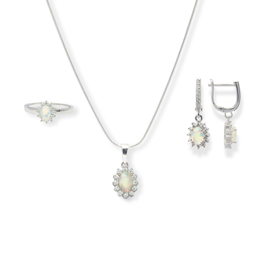 Exquisite Ethiopian Opal and Zircon Jewelry Set – Genuine Oval Gems, Elegant Design