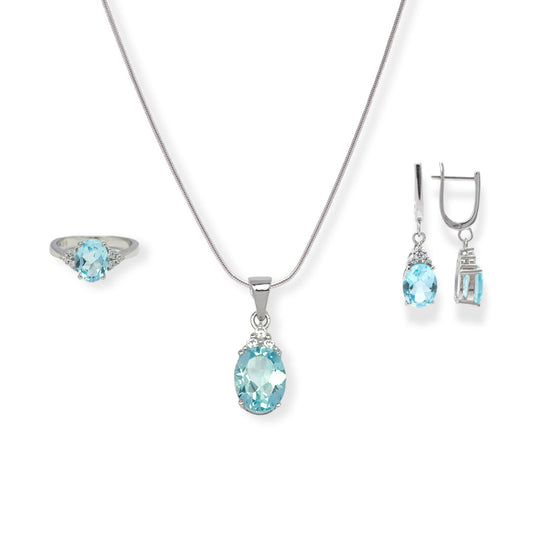 Elegant Pakistani Blue Topaz and Zircon Jewelry Set – Exquisite Oval Gems, Timeless Design