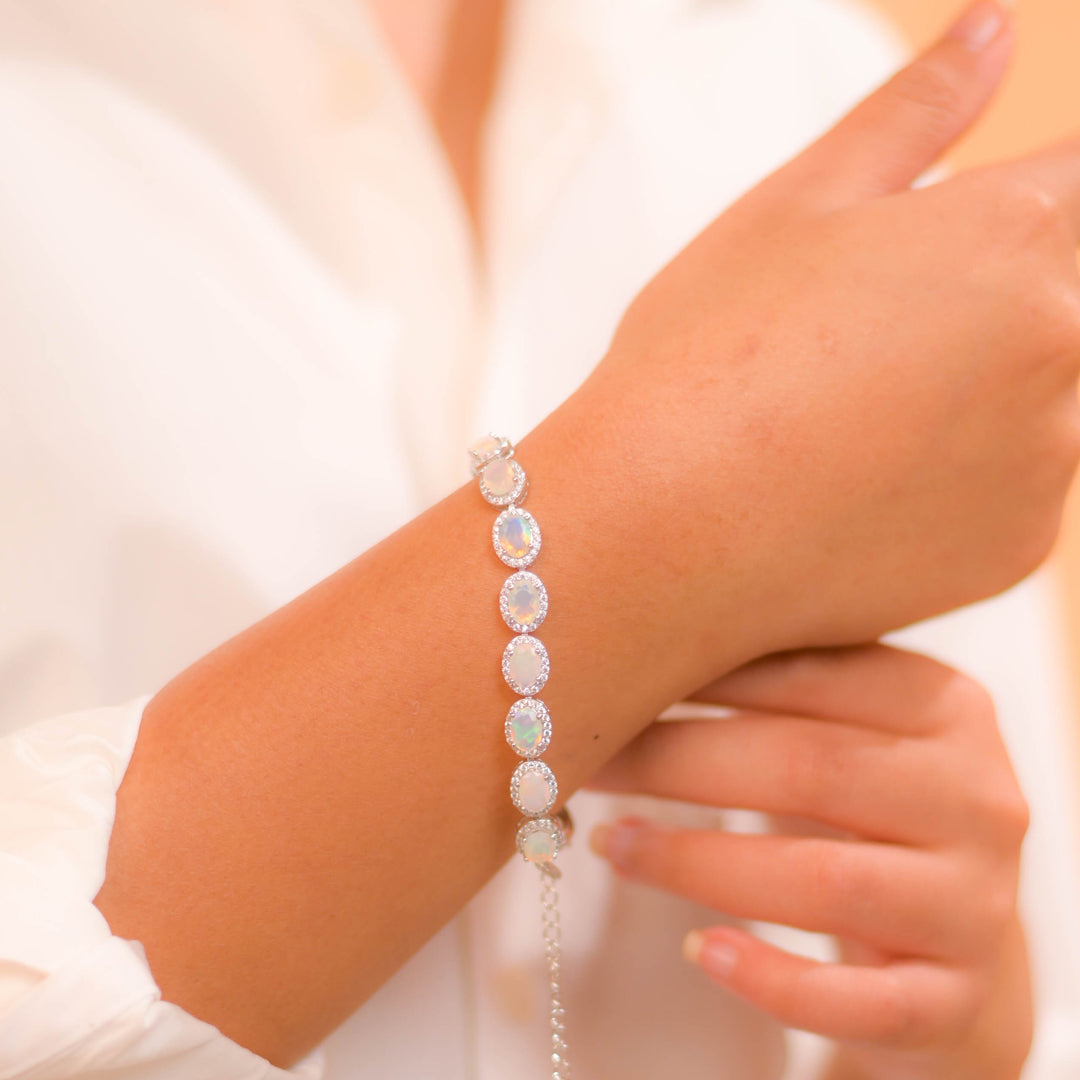 Ethiopian Opal and Zircon Oval Bracelet - Elegance in Every Detail