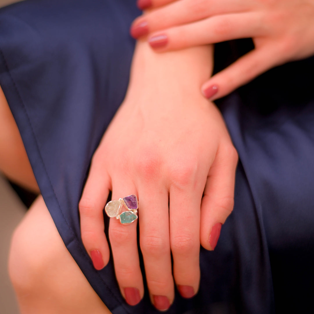 Exquisite Gemstone Ring Set - Aquamarine, Amethyst, and Apatite Elegance