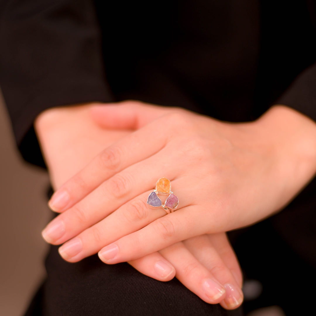 Radiant Gemstone Ring Set - Citrine, Tanzanite, and Tourmaline Trio